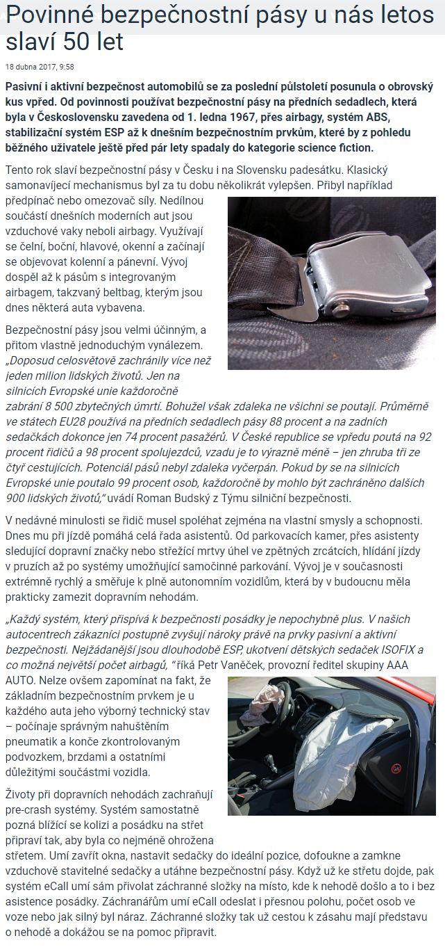 Motofocus.cz: Povinné bezpečnostní pásy u nás letos slaví 50 let recenze a  testy | AAA AUTO auto bazar